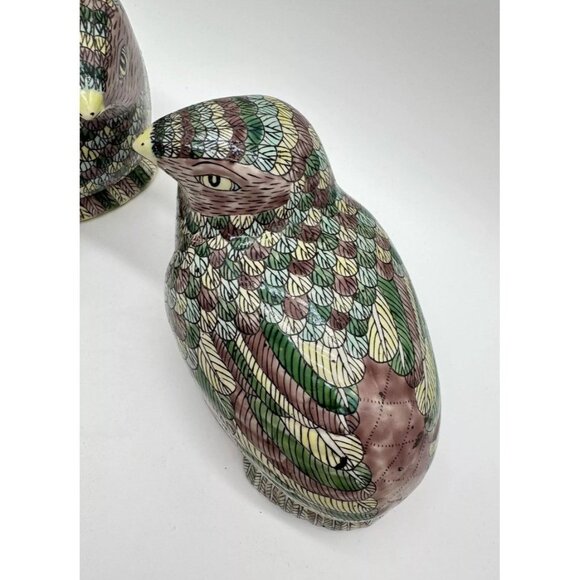 Mirrored Pair Chinese Famille Verte Porcelain Quail Box Tureen Figures Glazed - Picture 4 of 9